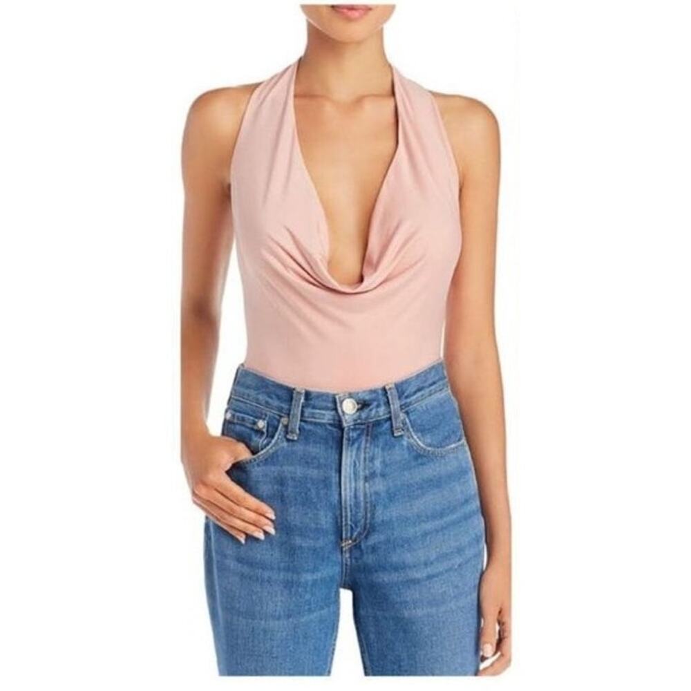 Tiger Mist Revival Cowl Halter Bodysuit Women M Blush Open Back Plunge Thong NWT